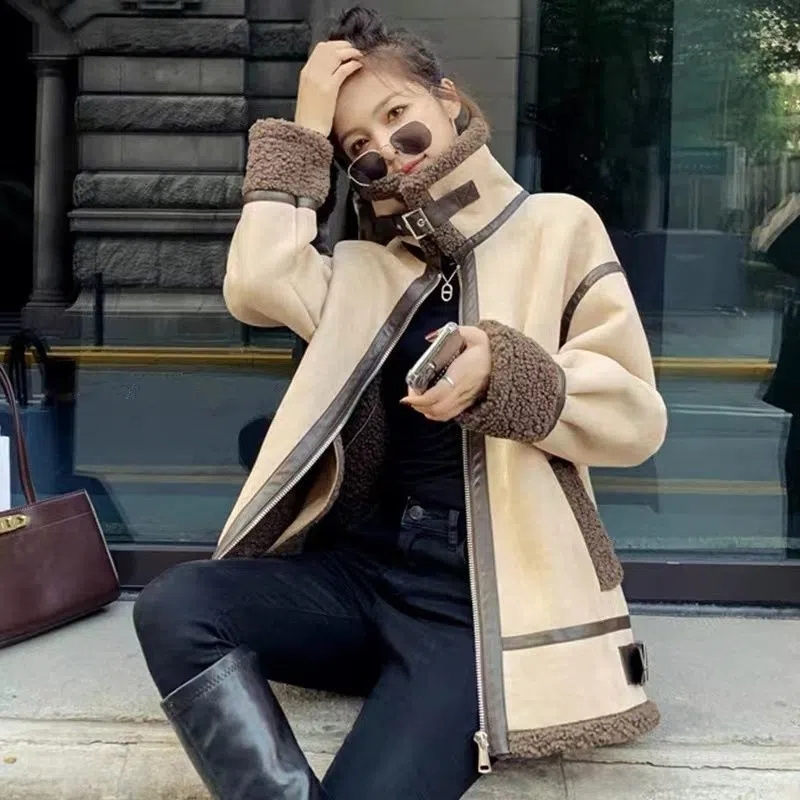 Wool Coat Peacoat - Casaco de pele de cordeiro feminino